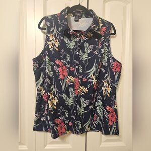 Papillon Womens Navy Floral Sleeveless Button Down Shirt Blouse Top SZ XXL